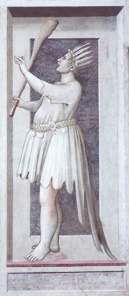 Giotto di Bondone, The Seven Vices: Foolishness, c 1306 Fresco, 47.2 × 21.7 in Cappella degli Scrovegni, Padua