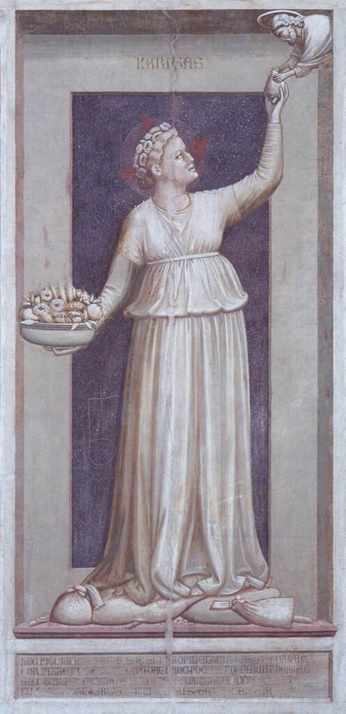 Giotto di Bondone, The Seven Virtues: Charity, c 1306 Fresco, 47.2 × 21.7 in Cappella degli Scrovegni, Padua