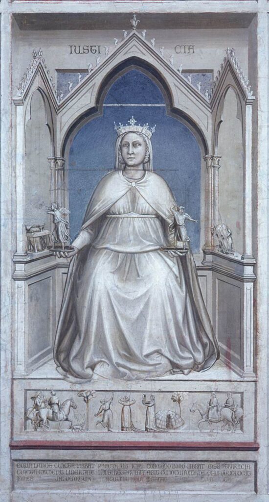 Giotto di Bondone, The Seven Virtues: Justice, c 1306 Fresco, 47.2 × 23.6 in Cappella degli Scrovegni, Padua