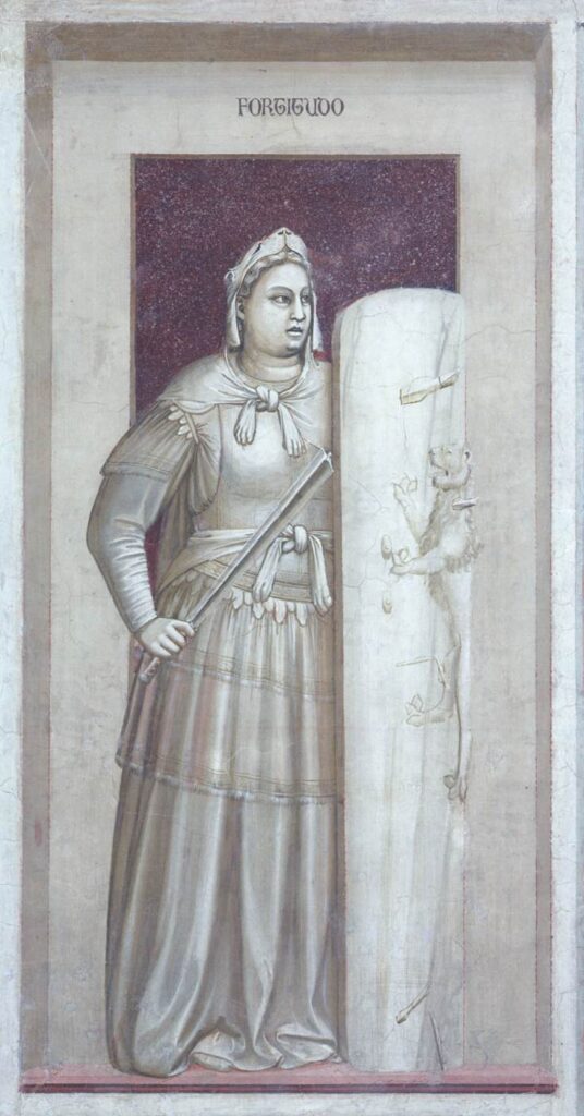 Giotto di Bondone, The Seven Virtues: Fortitude, c 1306 Fresco, 47.2 × 21.7 in Cappella degli Scrovegni, Padua