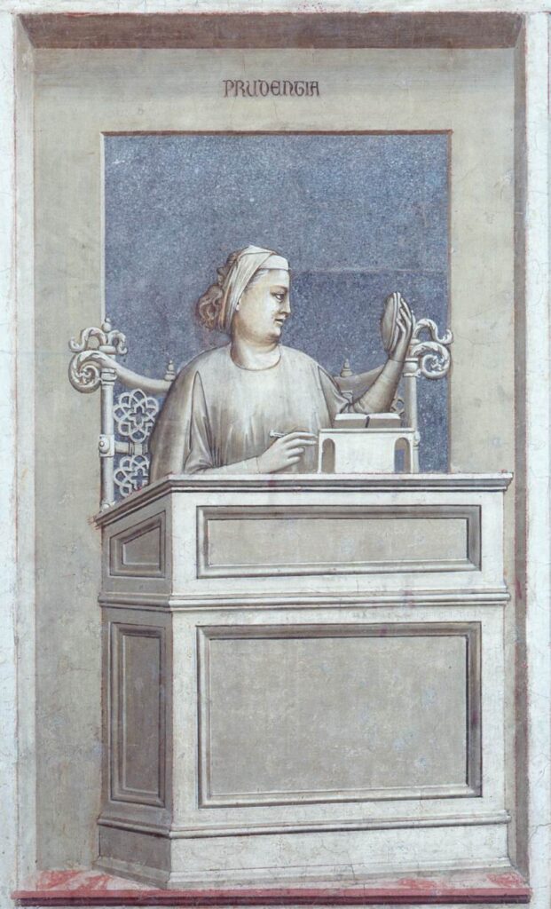 Giotto di Bondone, The Seven Virtues: Prudence, c 1306 Fresco, 47.2 × 23.6 in Cappella degli Scrovegni, Padua