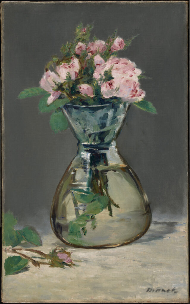Édouard Manet, Moss Roses in a Vase, 1882 Oil on canvas, 22 x 13 5/8 in Clark Institute, Williamstown, Massachusetts