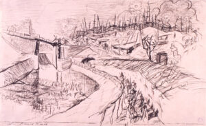 Max Beckmann, Bend in the Canal on the front in Ypres during the First World War, 1915 Pen, black ink and pencil on vellum paper, 14.8 x 15.6 in
