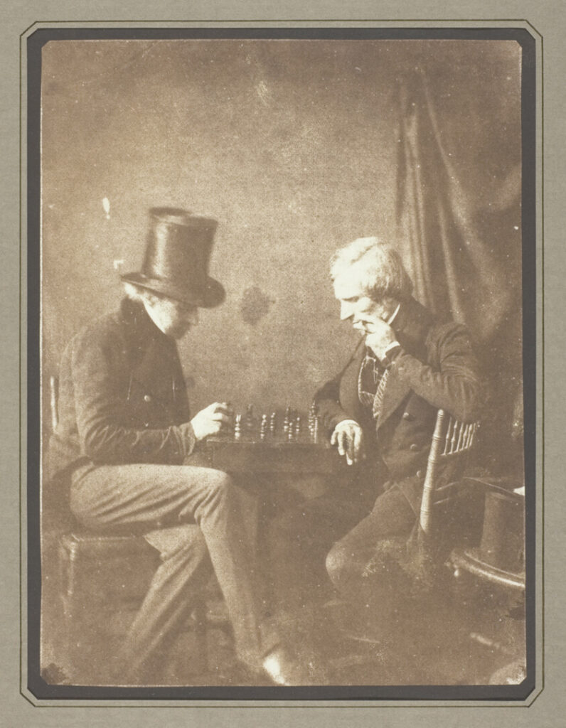 William Henry Fox Talbot, Antoine Claudet Is Photographed Playing Chess Against a Mysterious Figure in a Tall Hat, 1841