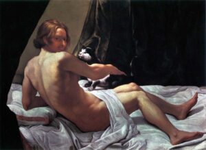 Giovanni Lanfranco, Young Naked Man on a Bed with Cat, between 1620 and 1622 Oil on canvas, 43.9 x 62.9 in Private collection