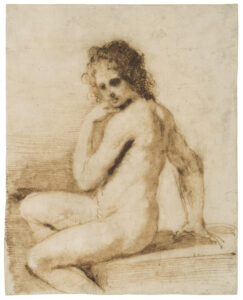 Guercino,A Seated Female Nude/Bathsheba, 17th century Ink on paper pen and brown ink, red chalk, 9.13 x 7.32 in Private collection