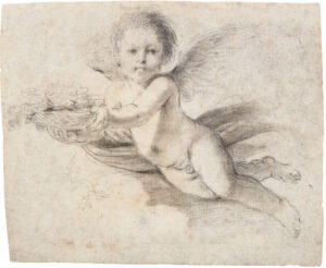 Guercino,Flying Putto Holding a Basket With Flowers, between 1606 and 1666 Black chalk and stumping, 6.2 x 7.6 in Private collection
