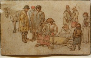 Hendrick Avercamp, Nine Peasants around a Wheelbarrow, Unknown date Brown pen and watercolor on paper, 4.1 x 6.7 in Pushkin Museum of Fine Arts, Moscow