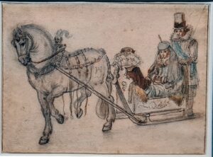 Hendrick Avercamp, Two figures on a Sleigh with a Servant, about 1626 Pen and brown ink, brush and brown wash, and translucent watercolor, over black chalk Private collection