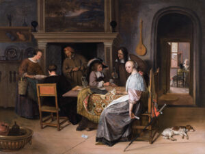 Jan Steen, Company Playing Cards in an Interior, c 1660 Oil on panel, 18 x 23.7 in Rose-Marie and Eijk van Otterloo Collection