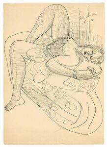 Max Beckmann, Woman Lying on a Sofa, 1944 Black ink pen drawing over pencil on cream-coloured ribbed handmade paper, 13 x 9,2 in