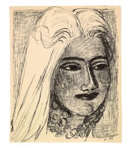 Max Beckmann, Woman's Head with Necklace, 1944 Black ink drawing over pencil on cream-colored ribbed handmade paper, 11.1 x 9.1 in