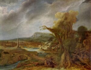 Govert Flinck, Landscape with an Obelisk, 1638 Oil on panel, 21.4 x 27.9 in (Stolen from) Isabella Stewart Gardner Museum, Boston