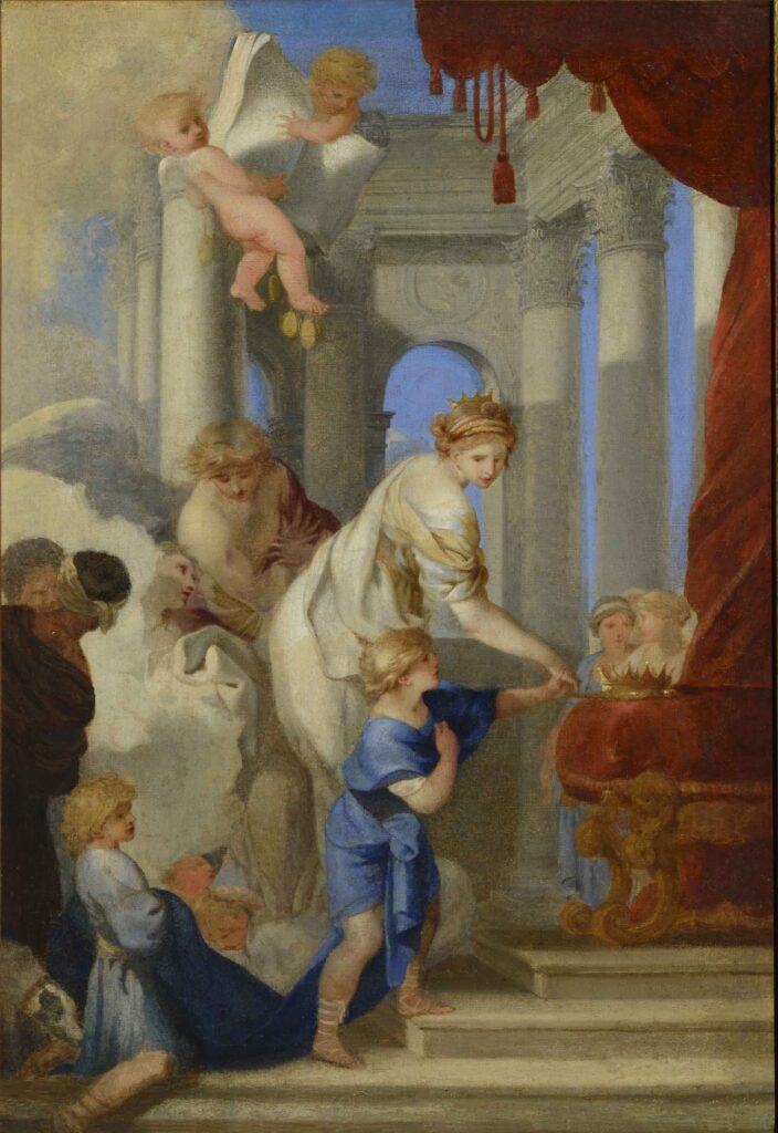 Sébastien Bourdon, Bathsheba Guiding Solomon to the Throne, c 1643 Oil on canvas, 16.9 x 11.8 in Musée du Grand Siècle, Saint-Cloud, France