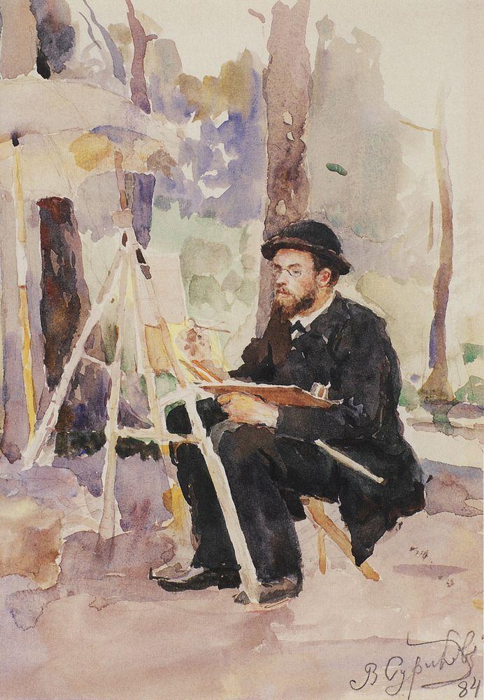 Vasily Ivanovich Surikov, Portrait of an Artist at the Easel (Ilya Ostroukhov), 1884 Watercolour painting