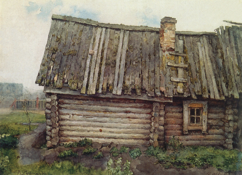 Vasily Ivanovich Surikov, Izba (Russian Log Hut), 1873 Watercolor on paper, 9.6 x 13.6 in Tretyakov Gallery, Moscow