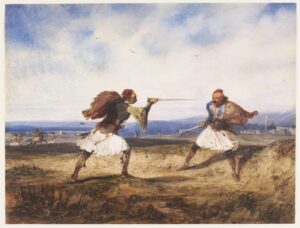 Alexandre-Gabriel Decamps, Albanian Duel, 1828 Water- and bodycolour, with gum, heightened with white, 11.8 x15.5 in Victoria & Albert Museum, London st