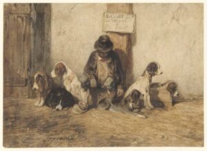 Alexandre-Gabriel Decamps, Bassets and Dog Seller Watercolor on paper, 6.6 x 9.25 in Private collection