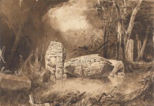 Frederick Catherwood, Maya Stela at Copan, Honduras, 1843 Watercolor, pen and brown ink, brown wash, graphite, and scratching out on paper, 15.4 x 21.6 in Yale Center for British Art, New Haven, Connecticut