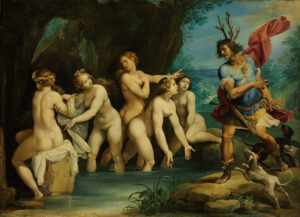 Cavaliere d'Arpino, Diana and Actaeon, from 1602 until 1603 Oil on copper, 19.6 x 27.1 in Museum of Fine Arts, Budapest
