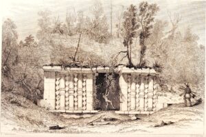 Frederick Catherwood, "Diamantes" Building, at Maya Site of Kiuic, 1843 Engraving from 19th century book "Incidents of Travel in Yucatan" Vol II