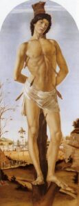 Sandro Botticelli, Saint Sebastian, 1474 Tempera and oil on poplar panel, 76.7 x 29.5 in Gemäldegalerie Berlin