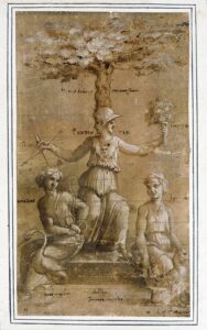 Baldassare Tommaso Peruzzi, An Allegory of Prudence, c 1518 - 1520 Brown ink and brown wash, heightened with white, squared for transfer on pink tinted paper, 12 1/2 x 7 1/4 in Los Angeles County Museum of Art