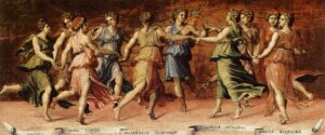 Baldassare Tommaso Peruzzi, Apollo and the Muses, 1514 - 1523 Oil on panel, 13.7 x 30.7 in Palazzo Pitti, Florence