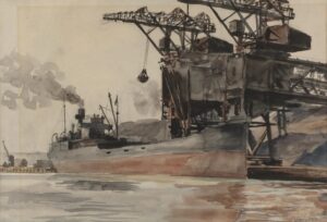 Reginald Marsh, Burns Coal and Coke Yards in Gravesend Bay, Coney Island, Brooklyn, 1927 Watercolor on paper, 13 7/8 by 19 7/8 in Private collection