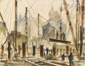 Reginald Marsh, Construction of the New York Telephone Company Headquarters Building at 140 West Street, 1924 Watercolor over pencil on paper, 13 3/4 by 17 7/8 inches Private collection