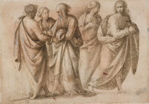 Fra Bartolomeo, A Group of Figures, c 1495 - 1500 Pen and ink, with brown wash and white heightening, on paper rubbed with red chalk, 6 x 8.5 in Royal Collection Trust, UK