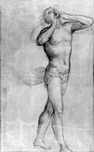 Fra Bartolomeo, Damned Soul: Study for the S. Maria Nuova Last Judgment Black chalk and heightened with white on dark beige prepared paper with some abrasions, 11.4 x 6.9 in Biblioteca Ambrosiana, Milan