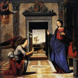 Fra Bartolomeo, Annunciation, 1497 Oil on panel, 69.2 x 66.9 inCathedral Basilica of the Assumption of Mary, Volterra, Italy