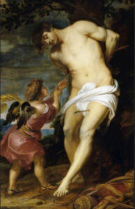 Gerard Seghers, Saint Sebastian Comforted by an Angel, c 1630 Oil on canvas, 85 x 55.9 in Collection National Trust, Petworth House and Park, West Sussex, UK