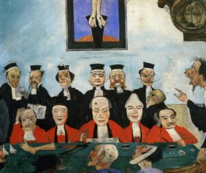 James Ensor, The Wise Judges, 1891 Oil on panel, 14.9 x 18.1 in Private collection