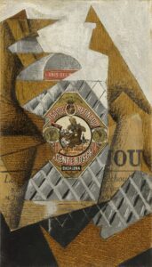 Juan Gris, The Bottle of Anís del Mono, 1914 Oil, collage and graphite on canvas, 9.4 x 16.4 in Reina Sofía Museum, Madrid
