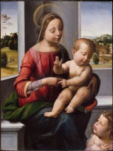 Fra Bartolomeo, Madonna and Child with the Young Saint John the Baptist, c 1497 Oil on panel, 22.9 x 17.2 in Metropolitan Museum of Art, New York