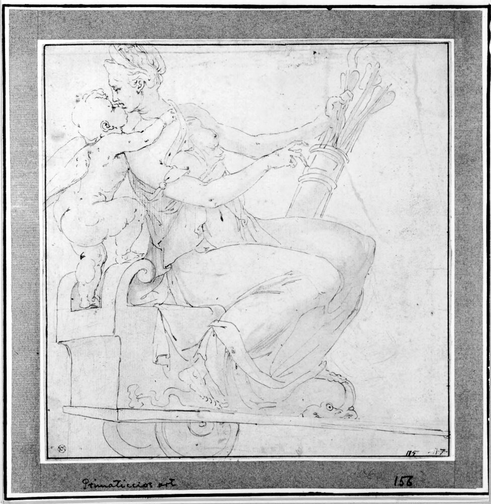 Rosso Fiorentino, Venus and Cupid in a Triumphal Chariot Drawing, 8.3 x 8.1 in Nationalmuseum, Stockholm