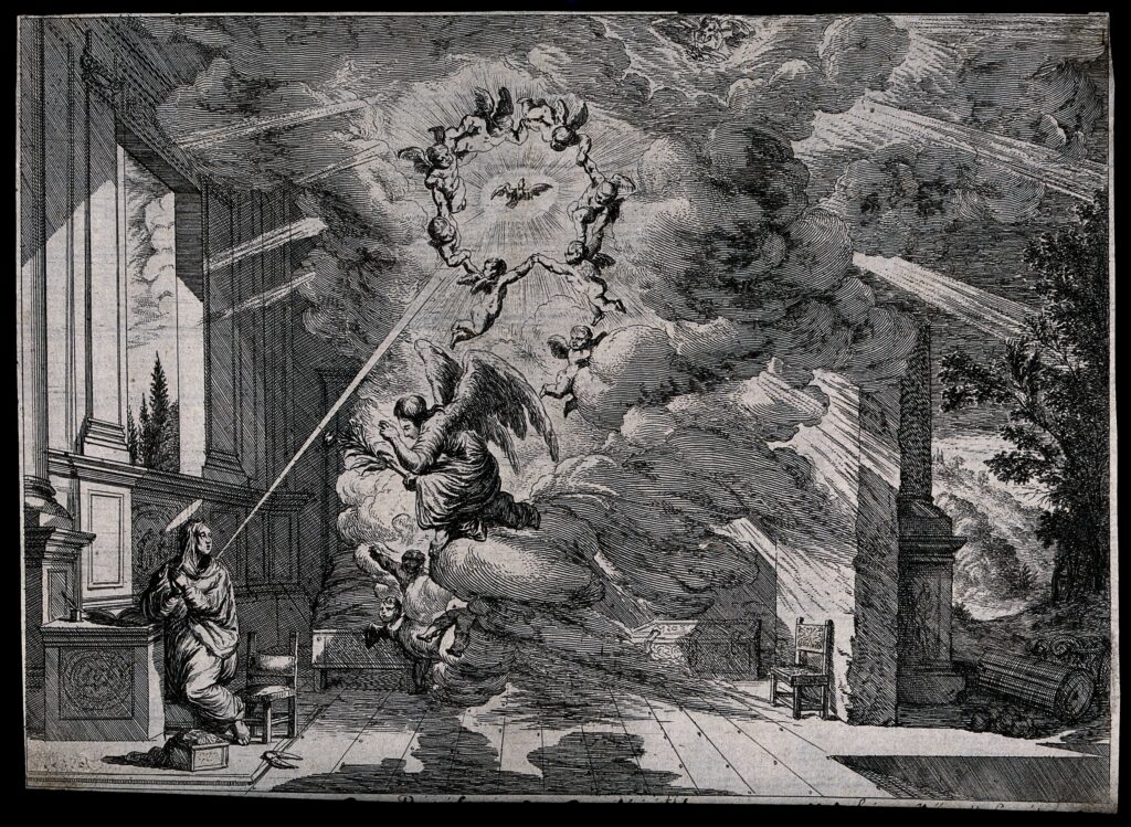 Jacques Callot, The Annunciation Engraving, 5.7 x 8 in Wellcome Collection