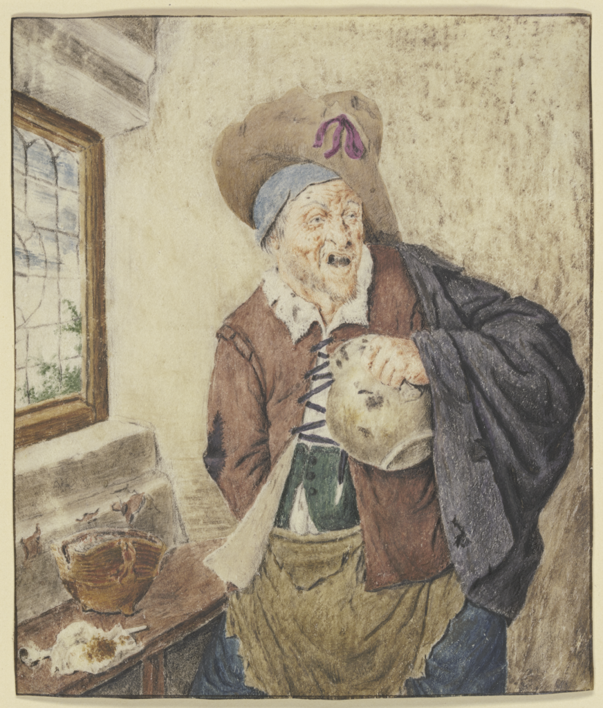 Cornelis Dusart, Tattered Farmer at a Window, the Jug in His Hand, unknown date Chalk on paper, 5.1 x 4.4 in Städel Museum, Frankfurt