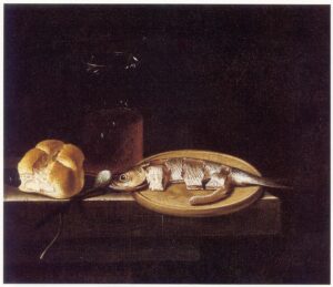 Adriaen Coorte, Still Life with Herring, Bread, and Glass of Beer, 1697 Oil on canvas, 14.4 × 16.8 in Private collection