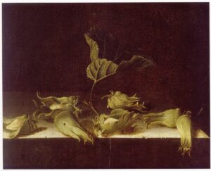 Adriaen Coorte, Still Life with Hazel-nuts, 1696 Oil on paper mounted on panel, 6.2 x 7.8 in Ashmolean Museum, Oxford, UK