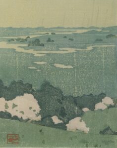 Arthur Wesley Dow, Rain in May, c 1907 Woodcut printed in colors, hand-printed on laid paper, 6.1 x 4.9 in Private collection