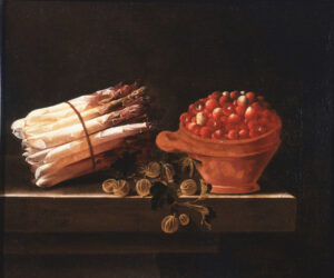 Adriaen Coorte, Still Life With Asparagus, a Spray of Gooseberries and a Bowl of Strawberries, 1698 Oil painting, 14.5 x 17.3 in Dordrechts Museum, The Netherlands
