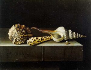 Adriaen Coorte, Still Life with Shells, 1697 Oil on paper mounted on panel, 6.7 x 8.7 in Private collection