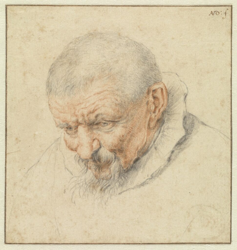 Cornelis Dusart, The Head of an Old Man, 1675 – 1704 Red, white, and black chalk on paper, 4.6 x 4.4 in Amsterdam Museum