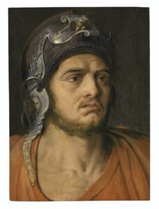 Frans Floris, Head of a Man in a Helmet (Mars), 1540 - 1570 Oil on panel, 18.2 x 13.3 in Private collection