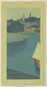 Arthur Wesley Dow, Ipswich Town, or Harbor Scene, c 1893 – 95 Color woodcut on paper stained green, 5 x 2 1/4 in Metropolitan Museum of Art, New York