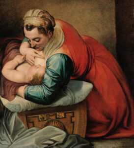 Frans Floris, Moses Being Nursed by His Mother Oil on panel, 38 x 35 in Private collection