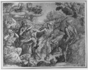 Alessandro Allori, The Judgment of Paris, 1583 Pen and brown ink, 14-7/16 x 18-11/16 in Metropolitan Museum of Art, New York